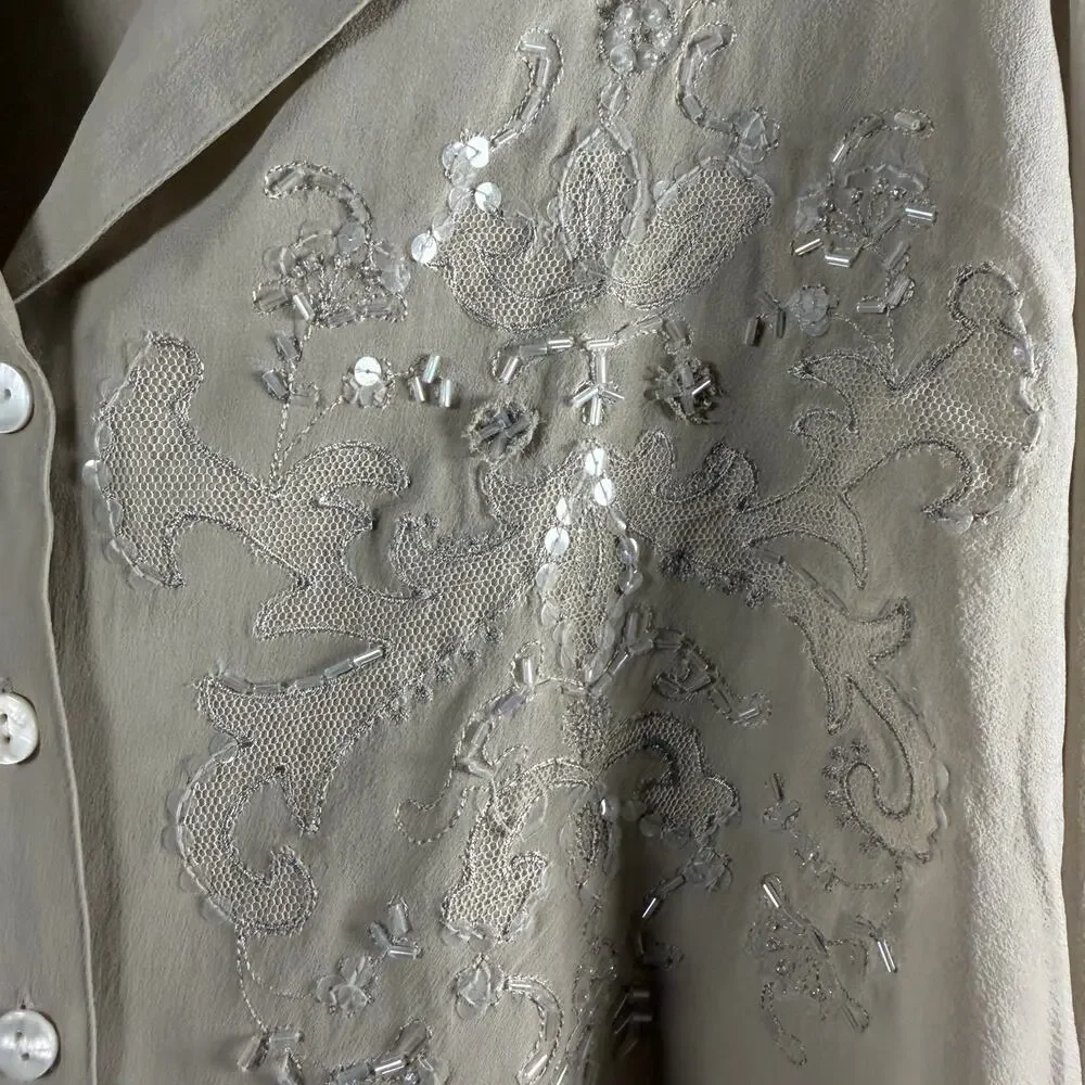 Cami International 100% Silk Blouse Size 12 Champaigne Button Front Long Sl